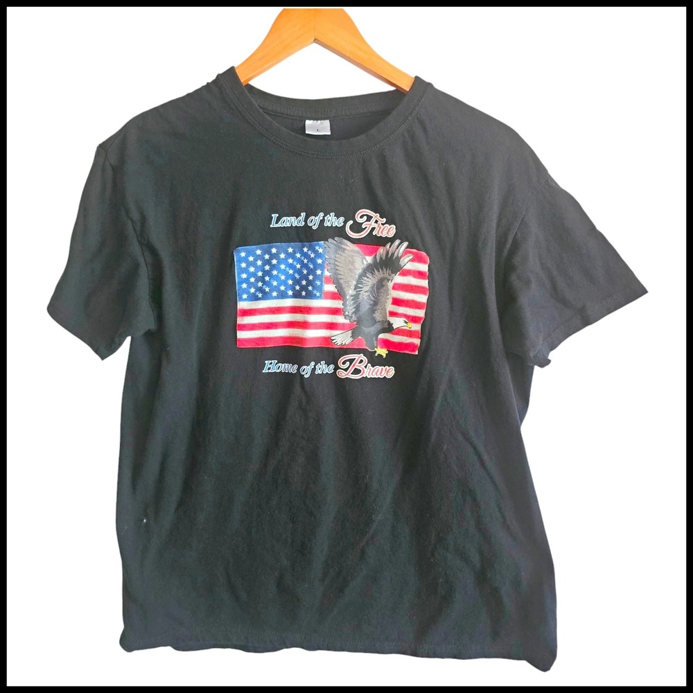 Patriotic Eagle USA Flag Graphic T-Shirt Land of the Free Black Size L